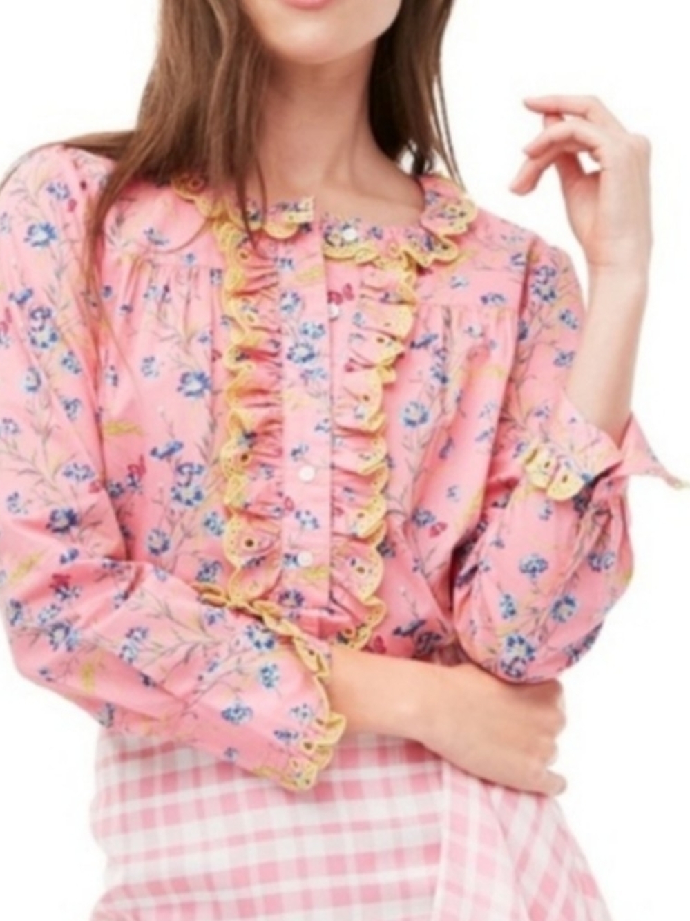 J. Crew Pink Floral Ruffle Button-Front Top with Yellow Eyelet Trim - Picture 6 of 7